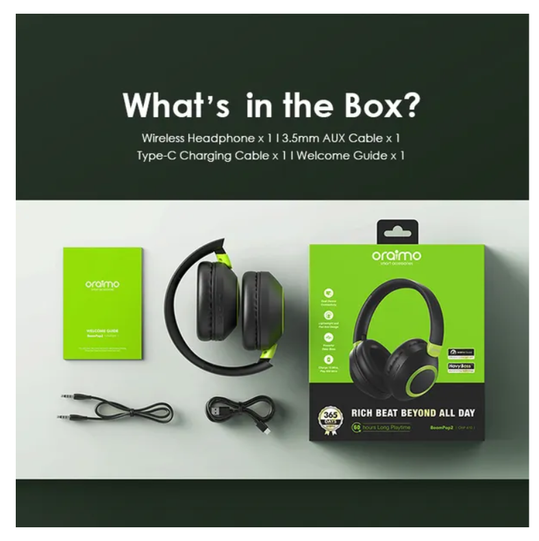 oraimo BoomPop 2 ENC Over-Ear Wireless Headphones with 60 hr playtime, ENC HD Voice in Calls & Dual-device Connectivity