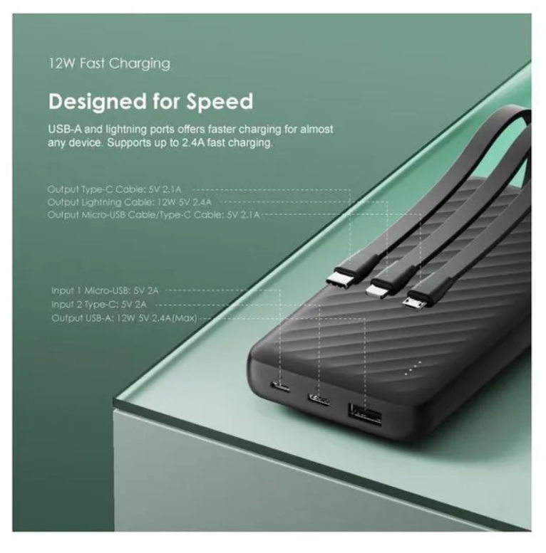 oraimo Slice Link 10000mAh 12W Power Bank with 4 outputs & is widely Compatible