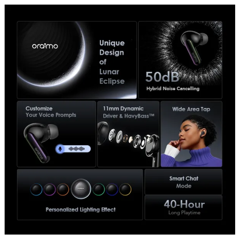 NEW ARRIVAL!! NEW ARRIVAL!! oraimo SpaceBuds Hybrid ANC True Wireless Earbuds Customized Voice Prompt, 40-Hr Long Playtime, 50dB Hybrid ANC Noise Cancellation & Personalized Lighting Effect