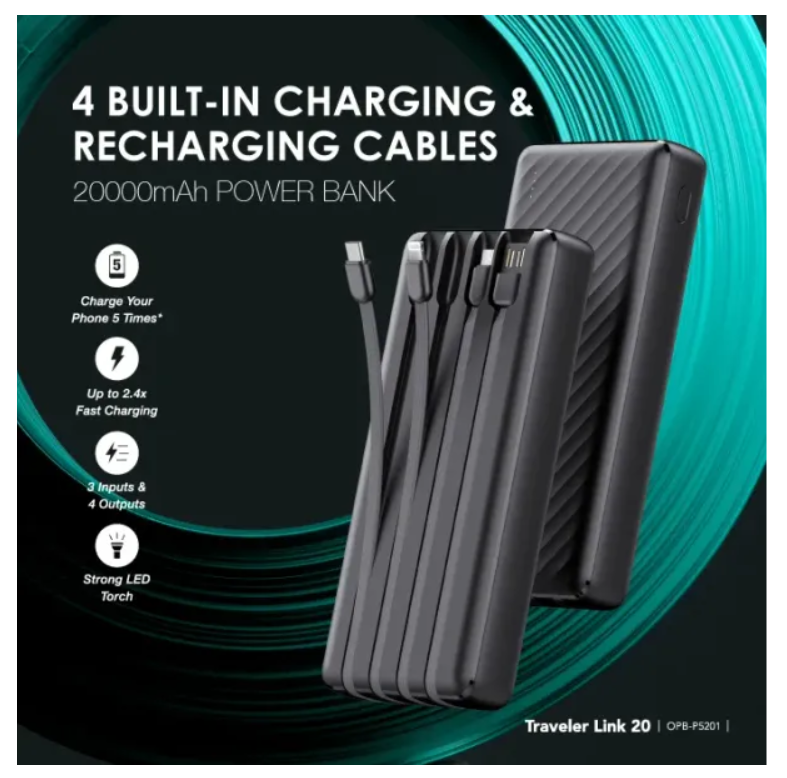 oraimo Traveler Link 20,  4 Built-in Charging &Recharging Cables LED Torch 20000mAh 12W -2.4 fast charging Power Bank