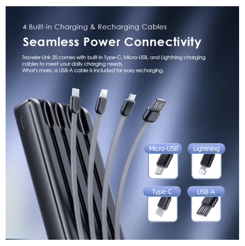 oraimo Traveler Link 20,  4 Built-in Charging &Recharging Cables LED Torch 20000mAh 12W -2.4 fast charging Power Bank