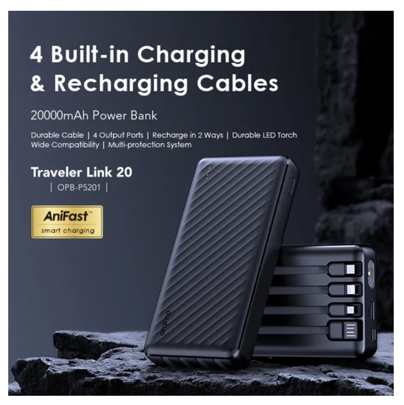 oraimo Traveler Link 20,  4 Built-in Charging &Recharging Cables LED Torch 20000mAh 12W -2.4 fast charging Power Bank