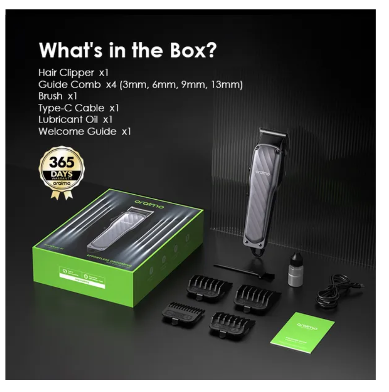 oraimo SmartClipper 2C Professional Hair Clipper with 4 guided combs Adjustable to Zero Gap for Precise Hair-cutting.