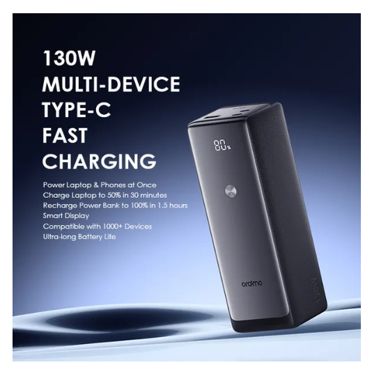 oraimo PowerJet 130 27600mAh 130W, Power Laptop & Phone at Once,
Recharge Powerbank to 100% in 1.5hrs Power Bank
