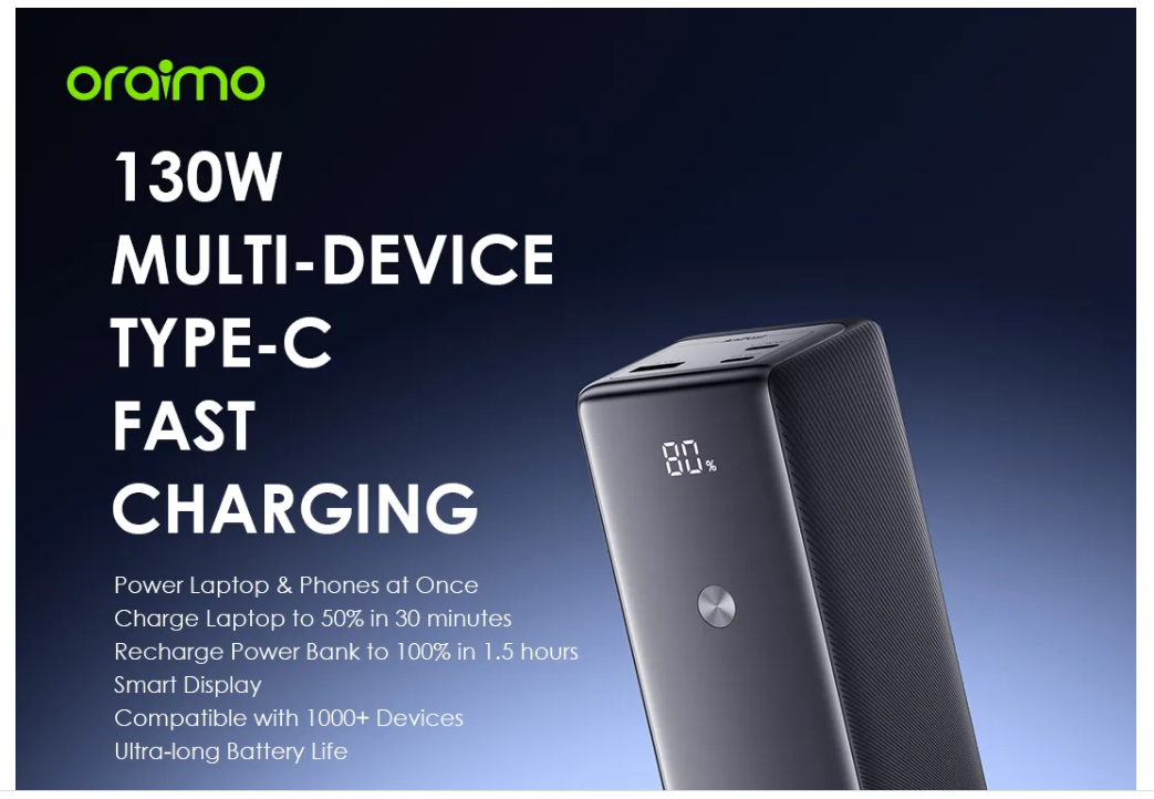 oraimo PowerJet 130 27600mAh 130W, Power Laptop & Phone at Once,
Recharge Powerbank to 100% in 1.5hrs Power Bank