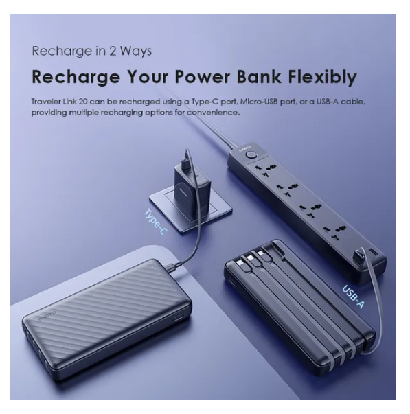 oraimo Traveler Link 20 20000mAh  4 Built-in Charging&Recharging Cables 2.4A Max Fast Charging 12W Power Bank