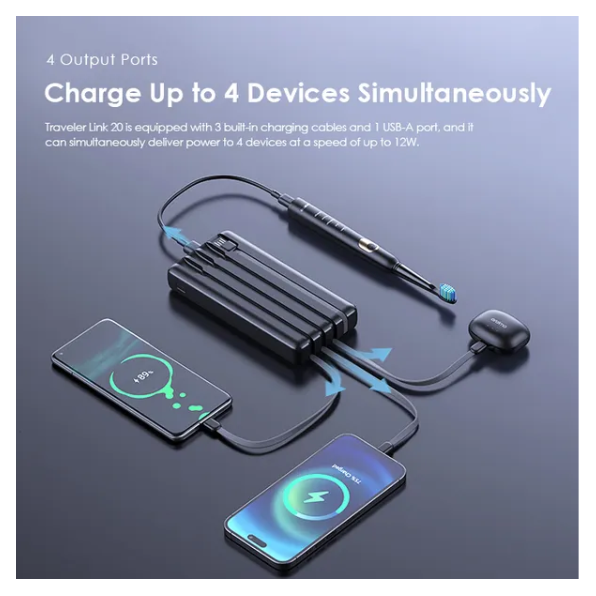 oraimo Traveler Link 20 20000mAh  4 Built-in Charging&Recharging Cables 2.4A Max Fast Charging 12W Power Bank