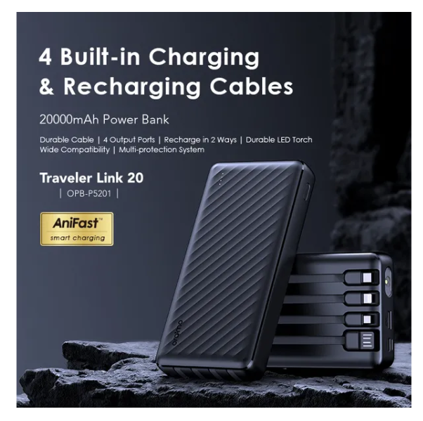 oraimo Traveler Link 20 20000mAh  4 Built-in Charging&Recharging Cables 2.4A Max Fast Charging 12W Power Bank