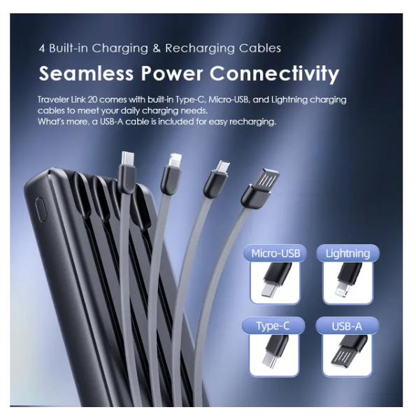 oraimo Traveler Link 20 20000mAh  4 Built-in Charging&Recharging Cables 2.4A Max Fast Charging 12W Power Bank