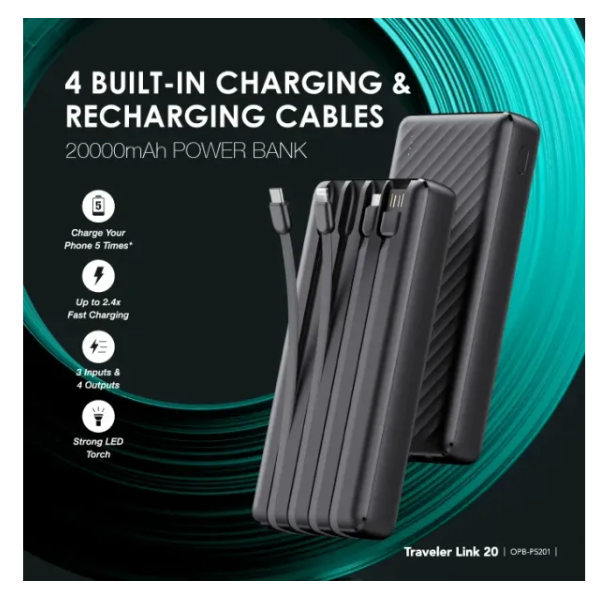oraimo Traveler Link 20 20000mAh  4 Built-in Charging&Recharging Cables 2.4A Max Fast Charging 12W Power Bank