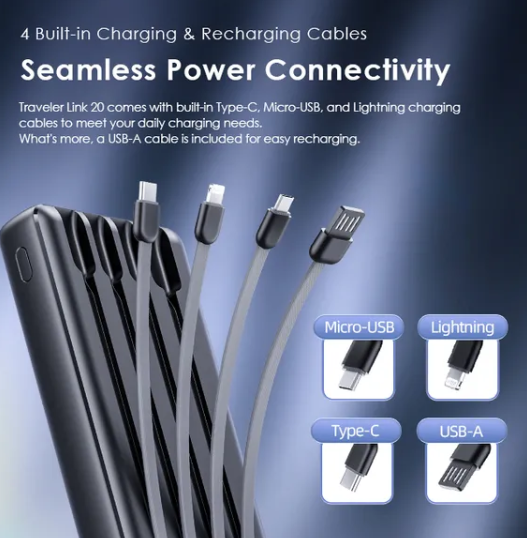 oraimo Traveler Link 20, 4 Built-in Charging &Recharging Cables LED Torch 20000mAh 12W -2.4 fast charging Power Bank with a gift.