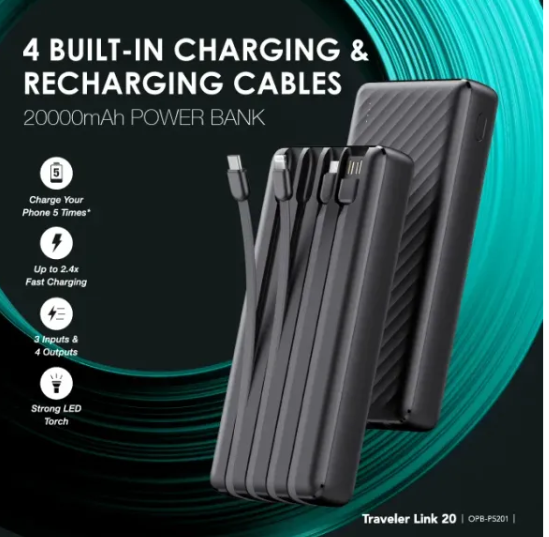 oraimo Traveler Link 20, 4 Built-in Charging &Recharging Cables LED Torch 20000mAh 12W -2.4 fast charging Power Bank with a gift.