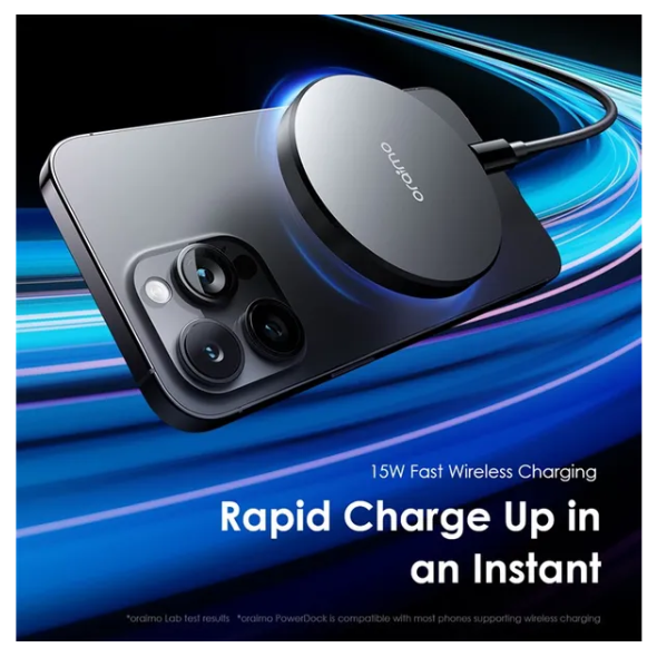 oraimo PowerDock 15W Magnetic Wireless Charging Pad with 60W 1-meter Type-C Charging Cable for Uninterrupted Power