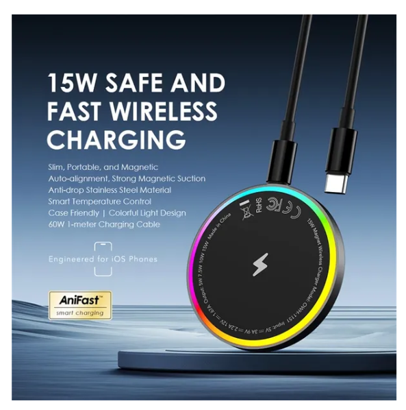 oraimo PowerDock 15W Magnetic Wireless Charging Pad with 60W 1-meter Type-C Charging Cable for Uninterrupted Power