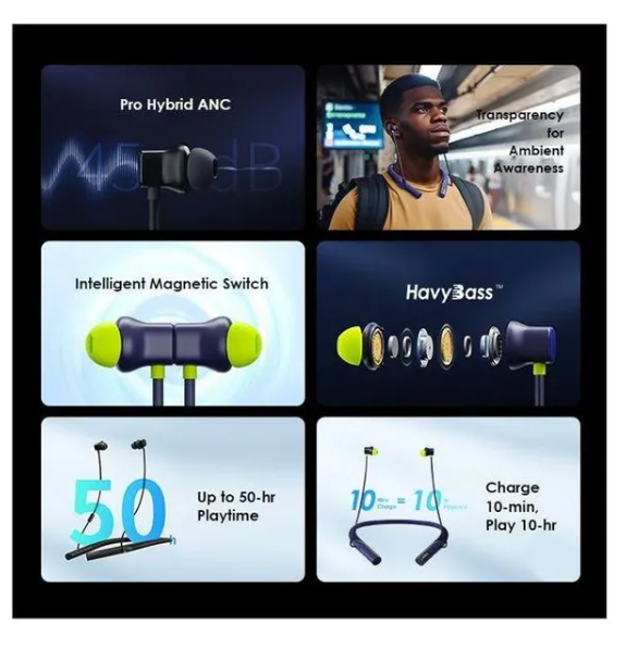 oraimo Necklace Pro ANC Wireless Headphones, 50-hr Long Playtime
45dB ANC Noise Cancellation HavyBass ™ Boost Mode & Crystal Clear Call