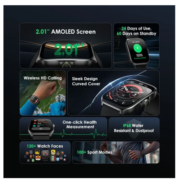 Oraimo Watch Nova AM 2.01" AMOLED Screen Curved Cover  IP68 Dust & Water Resistance* with 24 Days of Use, 60 Days on Standby Smart Watch