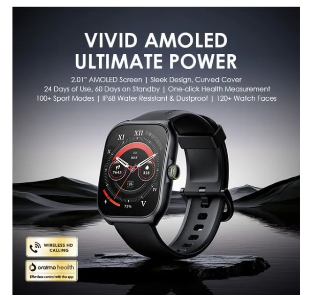 Oraimo Watch Nova AM 2.01" AMOLED Screen Curved Cover  IP68 Dust & Water Resistance* with 24 Days of Use, 60 Days on Standby Smart Watch