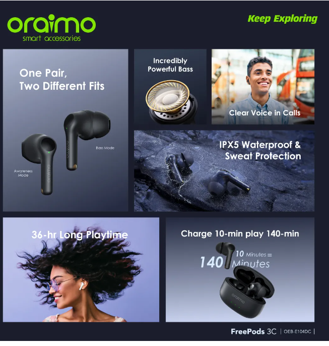 Oraimo FreePods 3C ENC True Wireless Earbuds 36-Hr Long Playtime  4-mic ENC HD Voice in Calls Bluetooth Earphones  Earpods