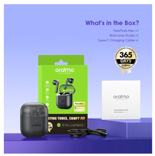 oraimo FreePods Neo Half In Ear  50-hr Long PlaytimeTrue Wireless Earbuds Plus a gift of  10.5 w car charger