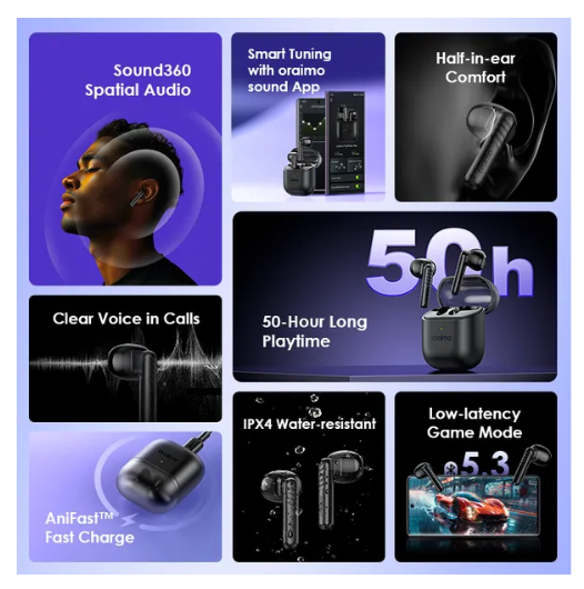 oraimo FreePods Neo Half In Ear  50-hr Long PlaytimeTrue Wireless Earbuds Plus a gift of  10.5 w car charger