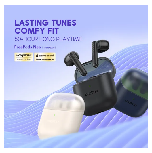 oraimo FreePods Neo Half In Ear  50-hr Long PlaytimeTrue Wireless Earbuds Plus a gift of  10.5 w car charger
