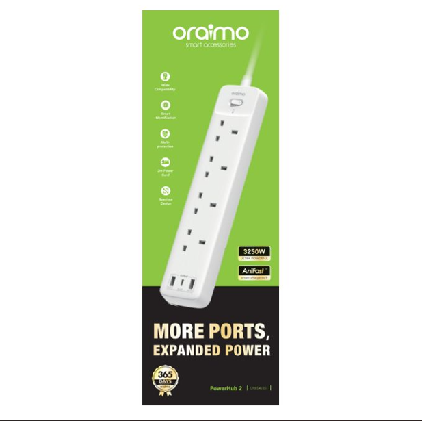 Oraimo PowerHub C 2M 4-AC 3-USB Power Strip Duty 4-way Power/Socket Extension Cable Charging Outlet extension cable