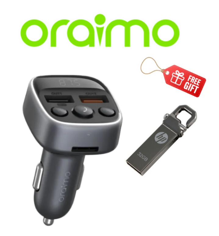 OFFER ! Oraimo Boulevard Modulator 18W BT Supporting  3 Ways of Music Playing Dual USB Output Voltage Digital Display Car Charger plus a gift of 32 gb Hp Flashdrive