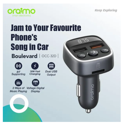 OFFER ! Oraimo Boulevard Modulator 18W BT Supporting  3 Ways of Music Playing Dual USB Output Voltage Digital Display Car Charger plus a gift of 32 gb Hp Flashdrive