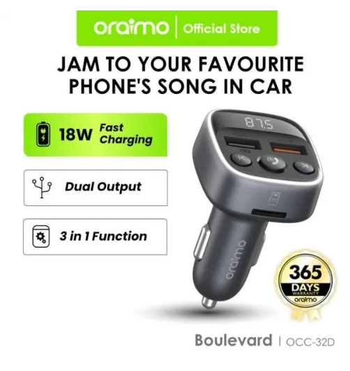 OFFER ! Oraimo Boulevard Modulator 18W BT Supporting  3 Ways of Music Playing Dual USB Output Voltage Digital Display Car Charger plus a gift of 32 gb Hp Flashdrive