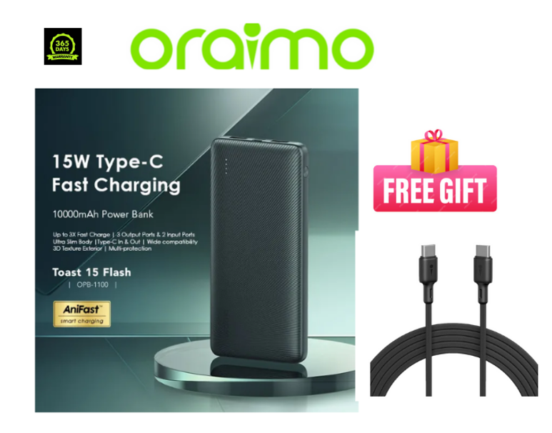 Oraimo Toast 15 Flash 10000mAh 15W Type-C IN & OUT 3 OUTPUTS with Wide Compatibility Fast Charging PowerBank Plus a gift of Oraimo C to C Cable