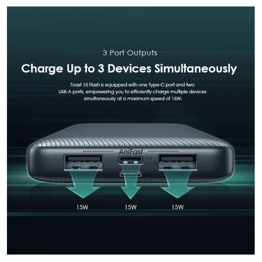 Oraimo Toast 15 Flash 10000mAh 15W Type-C IN & OUT 3 OUTPUTS with Wide Compatibility Fast Charging PowerBank Plus a gift of Oraimo C to C Cable