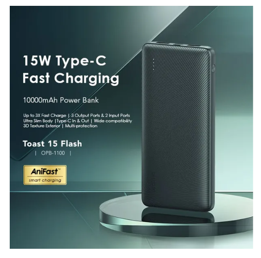 Oraimo Toast 15 Flash 10000mAh 15W Type-C IN & OUT 3 OUTPUTS with Wide Compatibility Fast Charging PowerBank Plus a gift of Oraimo C to C Cable