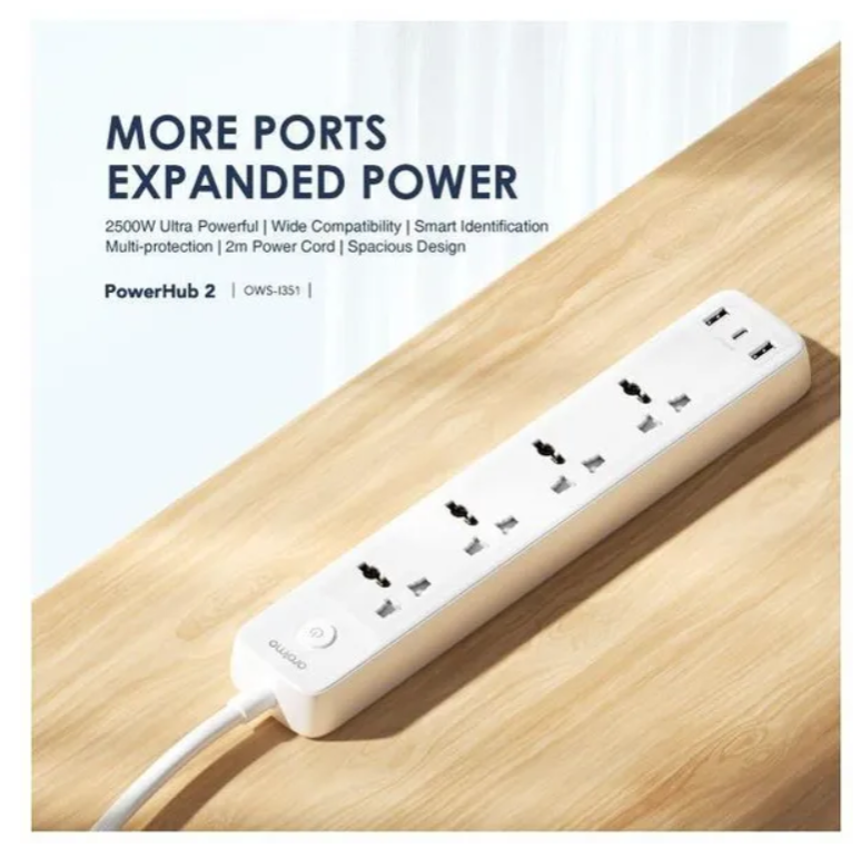 oraimo PowerHub C 3250W Ultra powerful smart identification multi protection  2M 4-AC 3-USB Power Strip EXtention cable with a Gift of USB charger