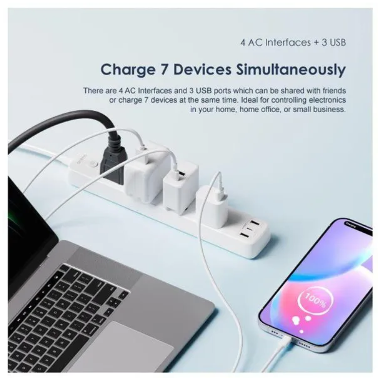 oraimo PowerHub C 3250W Ultra powerful smart identification multi protection  2M 4-AC 3-USB Power Strip EXtention cable with a Gift of USB charger