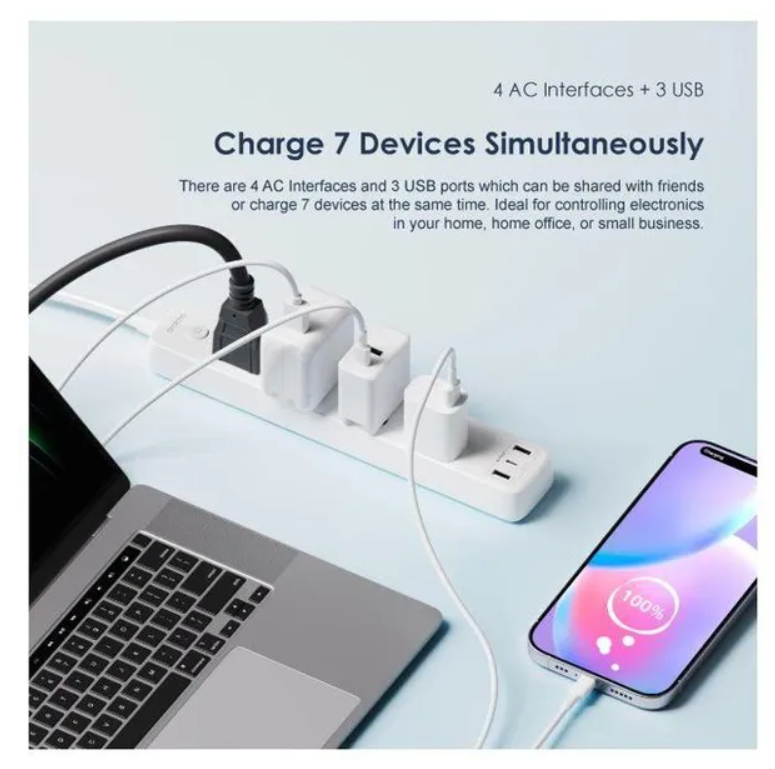 oraimo PowerHub C 3250W Ultra powerful smart identification multi protection  2M 4-AC 3-USB Power Strip EXtention cable with a Gift of USB charger