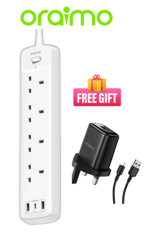 oraimo PowerHub C 3250W Ultra powerful smart identification multi protection  2M 4-AC 3-USB Power Strip EXtention cable with a Gift of USB charger
