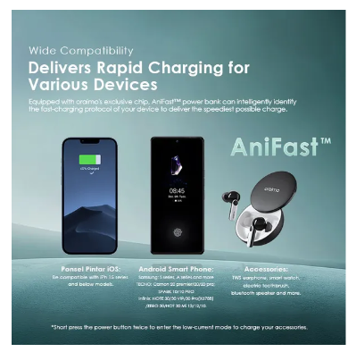 oraimo Toast 15 Flash 10000mAh Fast Charging Power Bank + FREE 3 IN ONE Charging Cable