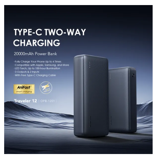 Oraimo traveler 12 20000mAh 12W Smart Fast Charging Type-C (IN/OUT) LED Torch Power Bank