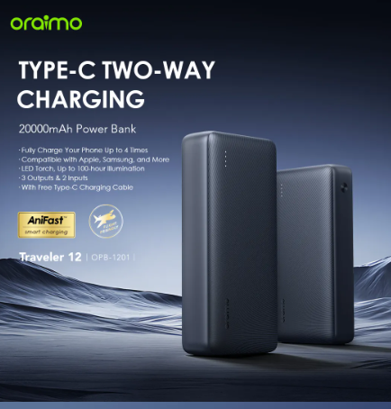 Oraimo traveler 12 20000mAh 12W Smart Fast Charging Type-C (IN/OUT) LED Torch Power Bank