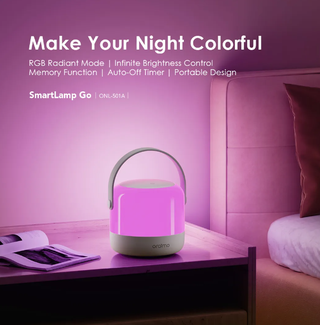 Oraimo SmartLamp Go 4.5W RGB Night Light Portable Design Perfect for Indoor and Outdoor Use, Infinite Brightness Control, Memory Function and Auto-Off Timer Smart Light