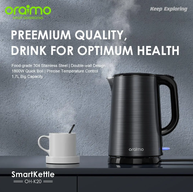 Oraimo Smart Kettle 1.7L Stainless Steel Full Metal Liner Kettle  Double Wall Structure No Scalding, Safe to Use Boil dry & overheat protection Automatically turns off When Water Boils Electric Water