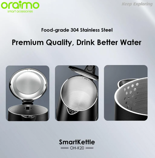 Oraimo Smart Kettle 1.7L Stainless Steel Full Metal Liner Kettle  Double Wall Structure No Scalding, Safe to Use Boil dry & overheat protection Automatically turns off When Water Boils Electric Water