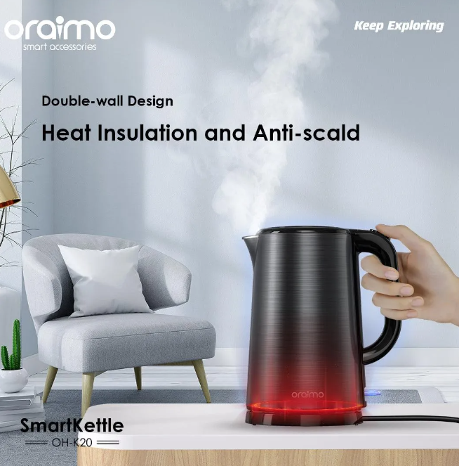 Oraimo Smart Kettle 1.7L Stainless Steel Full Metal Liner Kettle  Double Wall Structure No Scalding, Safe to Use Boil dry & overheat protection Automatically turns off When Water Boils Electric Water