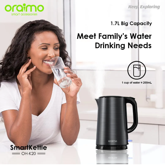 Oraimo Smart Kettle 1.7L Stainless Steel Full Metal Liner Kettle  Double Wall Structure No Scalding, Safe to Use Boil dry & overheat protection Automatically turns off When Water Boils Electric Water