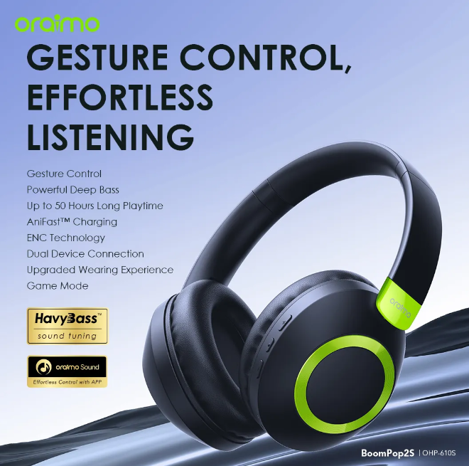 Hot sale !!Oraimo BoomPop2S ENC Over-Ear Wireless Headphones with Powerful Bass Gesture Control Dual-device Connectivity