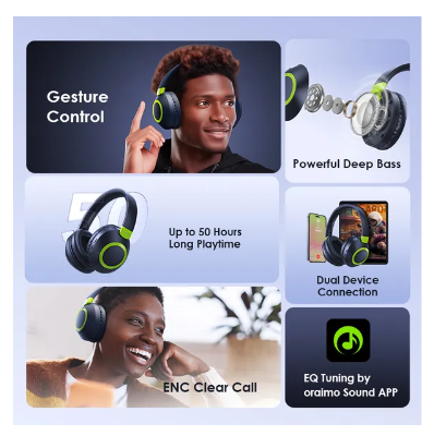 Oraimo BoomPop 2 ENC Over-Ear Wireless Bluetooth Headphones 60-hr-Playtime ENC HD Voice in Calls Dual-device Connectivity Powerful Bass PLUS a Gift of Oraimo Smart Mouse P 1200 DPI Wireless Mouse