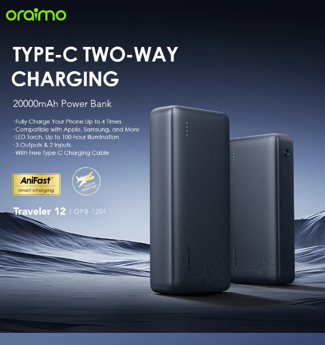 Offer! Oraimo Traveler 12 20000mAh 12W Smart Fast Charging LED Torch
 Type-C (IN/OUT) Power Bank