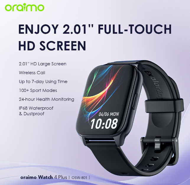 Oraimo Watch 4 Plus 2.01″ HD IP68 Smart Watch AI-Generated Watch Faces 100+ Sports Modes  7 Days Battery Life Bluetooth Call Smartwatch