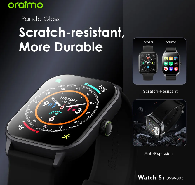 Oraimo Watch 5 2.01" HD Panda Glass 1ATM Smart Watch 88.8% Screen-to-body Radio 1ATM Waterproof