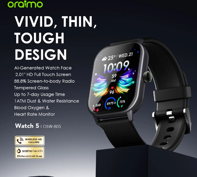Oraimo Watch 5 2.01" HD Panda Glass 1ATM Smart Watch 88.8% Screen-to-body Radio 1ATM Waterproof